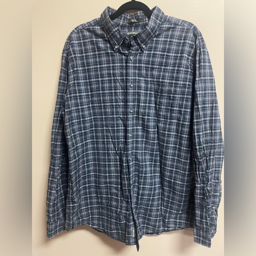 Eddie Bauer Men’s Blue Red Plaid LS BD Dress/Casual Shirt Size TXL 100% Cotton